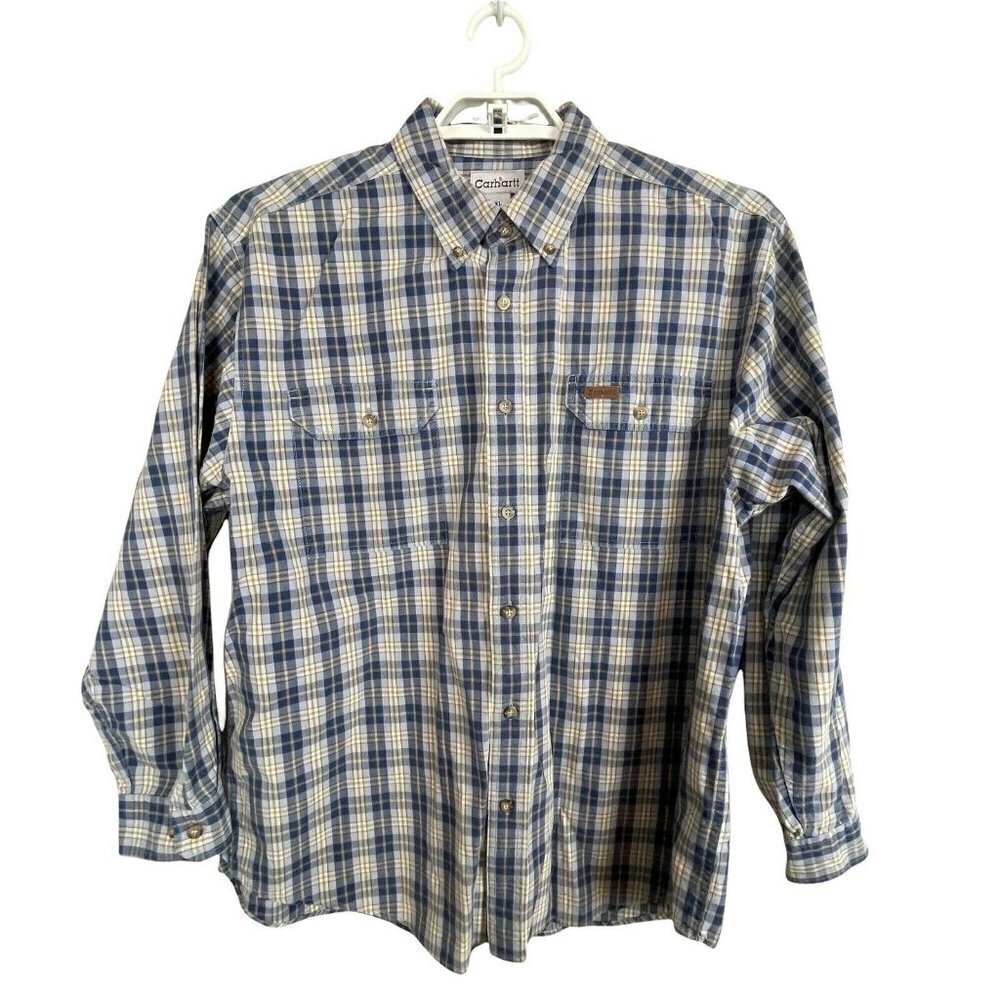 Carhartt Men's Size XL Blue Brown Plaid Button Up Long Sleeve Heavy Weight Shirt